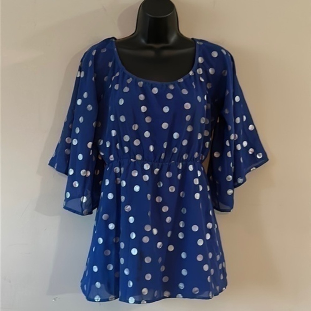 Judith March blue and silver polka dot babydoll top size medium